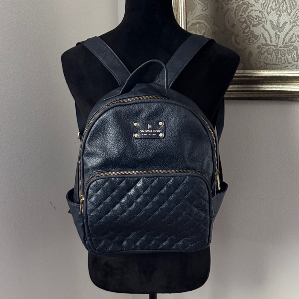 London Fog Elsie small backpack style‎ bag blue gold tone hardware quilted